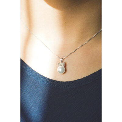 Sterling Silver Silver Plated Crystal Bow Pearl Necklace