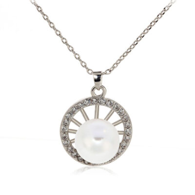 Silver Sparkling Crystal Pearl Circle Necklace