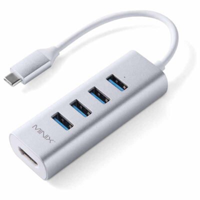 MINIX C-UH Aluminium USB-C to 4-Port USB 3.0 and 4K @ 30Hz HDMI Adapter – Silver