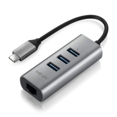 MINIX NEO C-UE, Aluminium USB-C to 3-Port USB 3.0 and Gigabit Ethernet Adapter – Gray