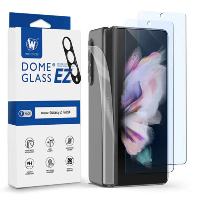 Whitestone Dome [EZ] For Galaxy Z Fold 4 2022 Screen Protector Full Coverage Tempered Glass Shield with Hinge Cover Film & Camera Protector [Easy Install] – 2PACK