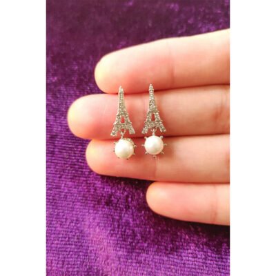 Sterling Silver – AGE0022 – Silver Sparkling Crystal Pearl Eiffel Tower Earring
